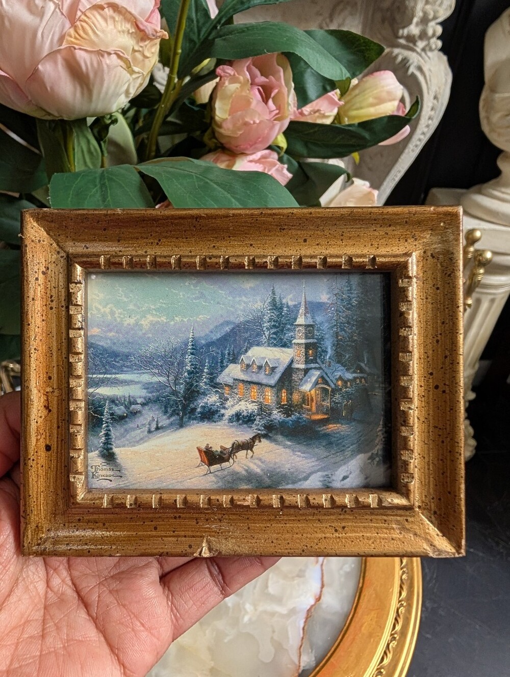 Vintage Mini Thomas Kinkade Print "Summer Evening Sleigh Ride" Framed 5X4